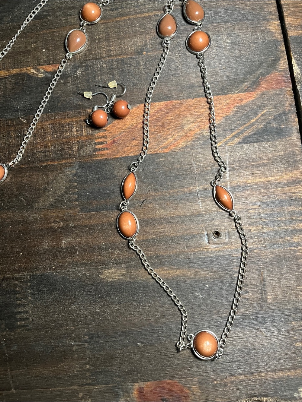 Silver-Tone Necklace & Earrings Set with Brown Cabochon Stones - Picture 5 of 5